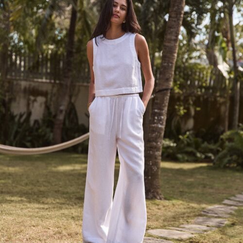 Linen Drawstring Wide Leg Pant